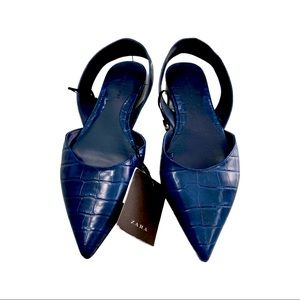 New Zara Navy Snake Print Slingback Flats